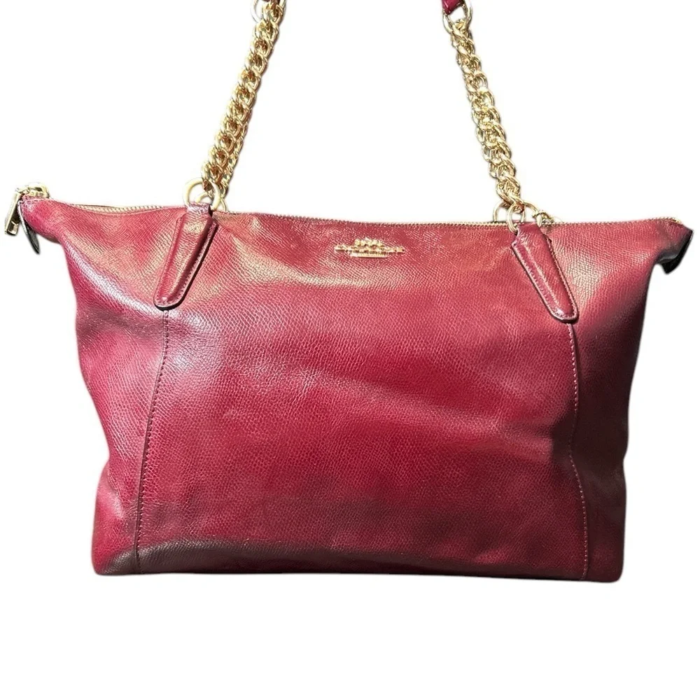 Coach Ava Bordeaux Red Pebbled Leather Tote Shoulder Bag Purse Chain Handle